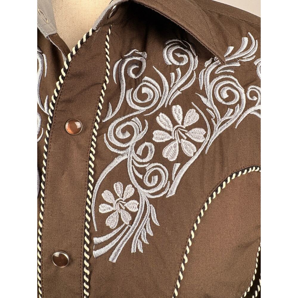 El Pionero Embroidered Western Pearl Snap Shirt Brown S - Picture 5 of 6
